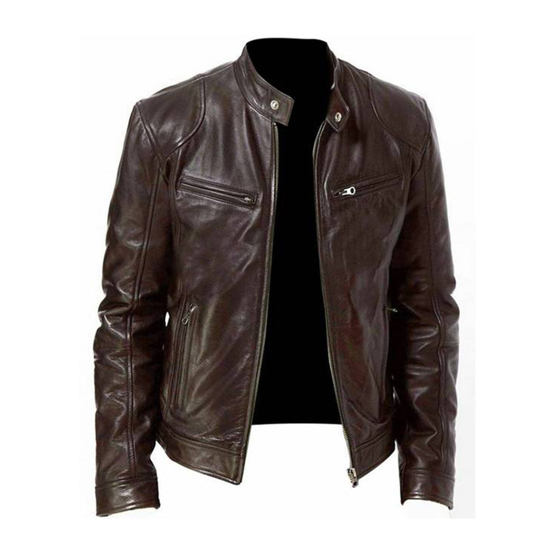 "Veste en cuir homme élégante, coupe ajustée, finition premium, idéale pour soirées fraîches d'été, style moderne."