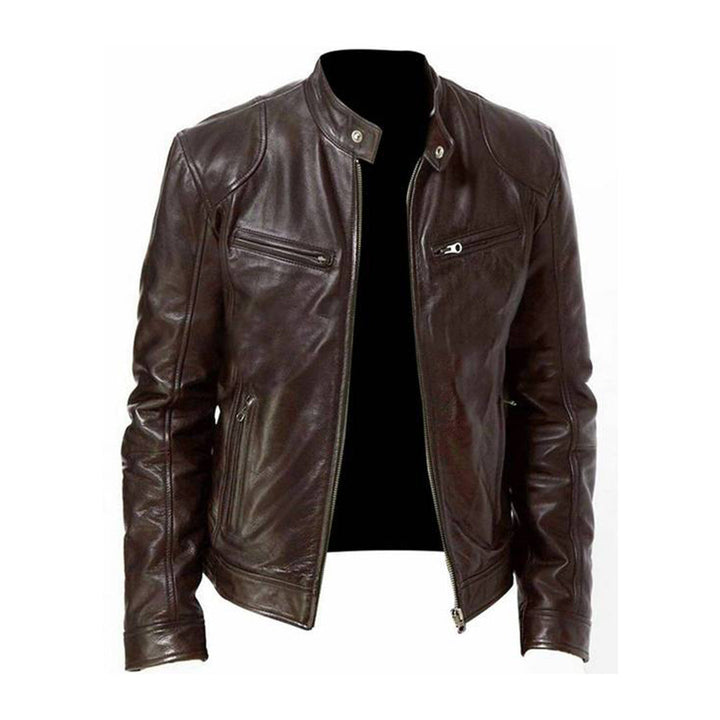 "Veste en cuir homme élégante, coupe ajustée, finition premium, idéale pour soirées fraîches d'été, style moderne."