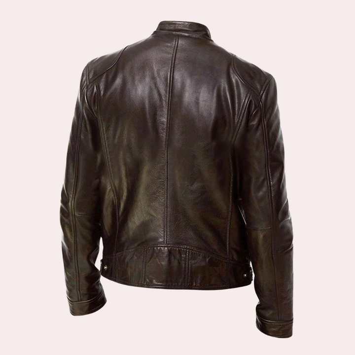 "Veste en cuir homme élégante, coupe ajustée, finition premium, idéale pour soirées fraîches d'été, style moderne."