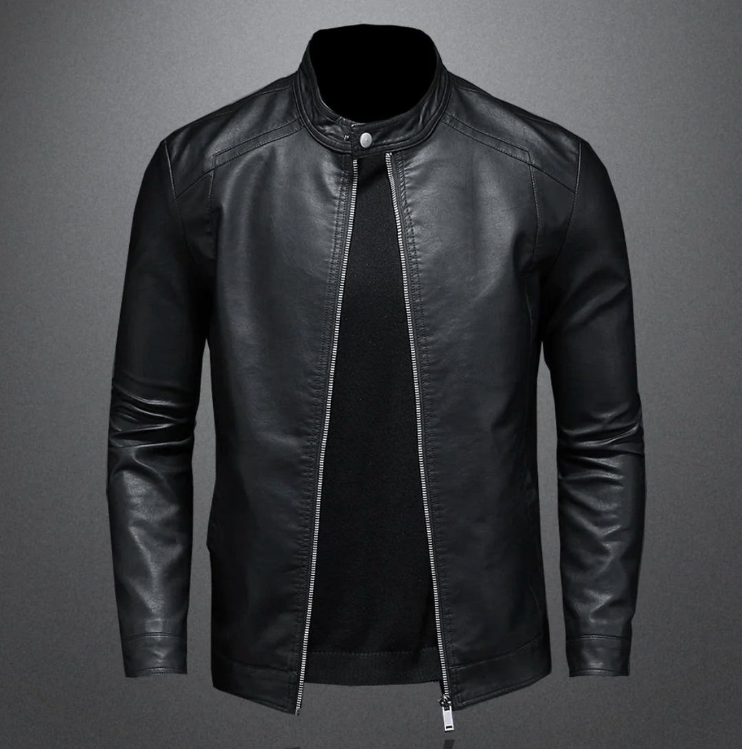 "Veste en cuir homme élégante, design moderne, cuir marron, manches longues, idéale toutes occasions, taille variée."