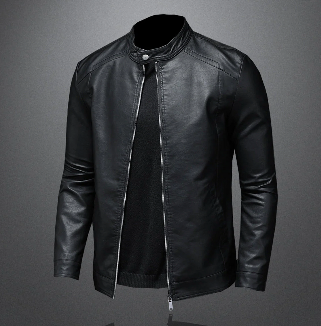"Veste en cuir homme élégante, design moderne, cuir marron, manches longues, idéale toutes occasions, taille variée."