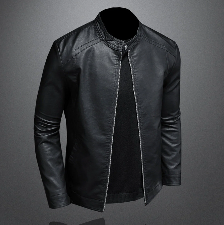 "Veste en cuir homme élégante, design moderne, cuir marron, manches longues, idéale toutes occasions, taille variée."