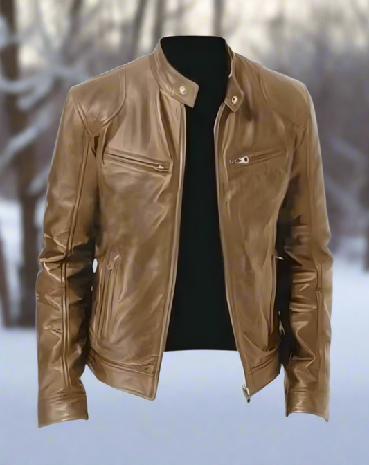 "Veste en cuir homme élégante, manteau noir intemporel avec col boutonné et poches zippées, style moderne"