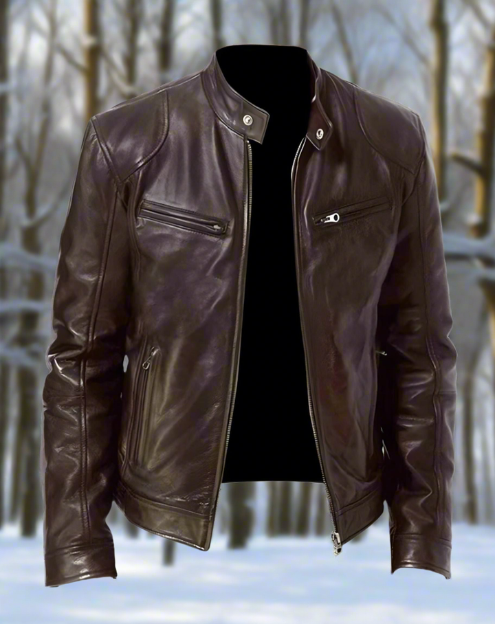 "Veste en cuir homme élégante, manteau noir intemporel avec col boutonné et poches zippées, style moderne"