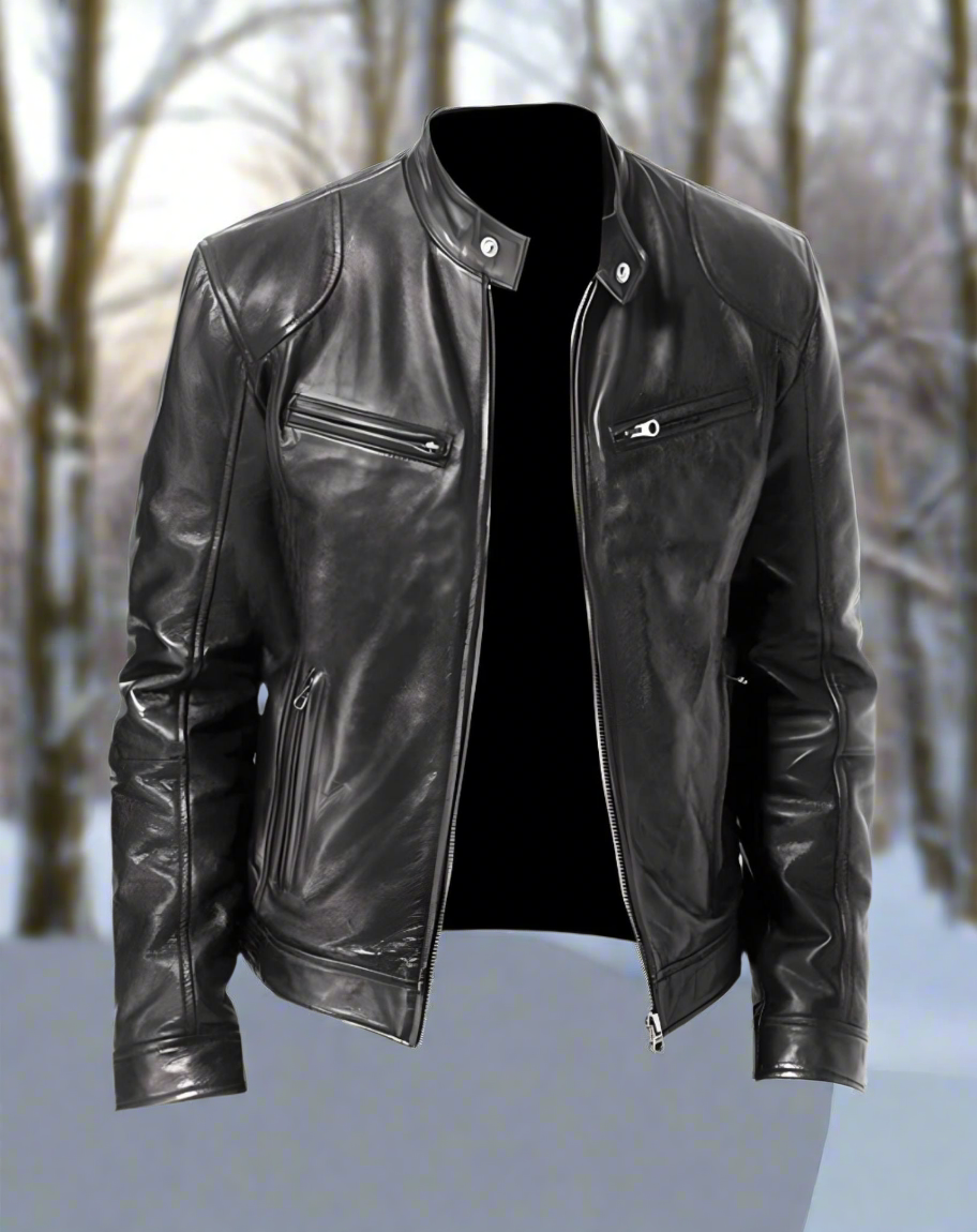 "Veste en cuir homme élégante, manteau noir intemporel avec col boutonné et poches zippées, style moderne"