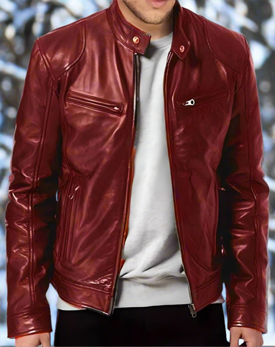 "Veste en cuir homme élégante, manteau noir intemporel avec col boutonné et poches zippées, style moderne"
