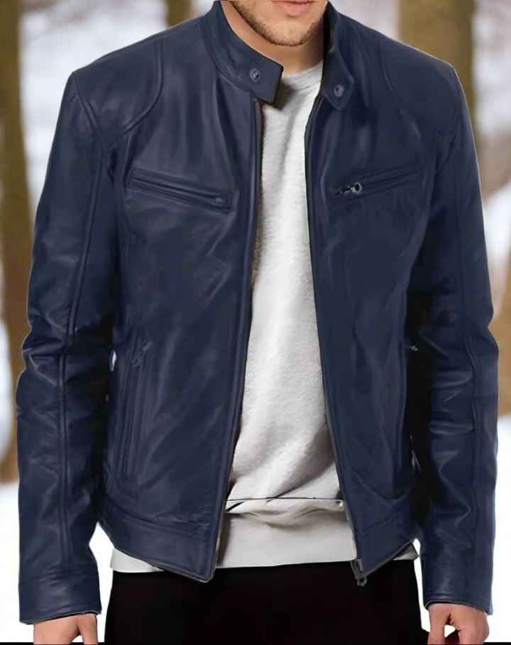 "Veste en cuir homme élégante, manteau noir intemporel avec col boutonné et poches zippées, style moderne"