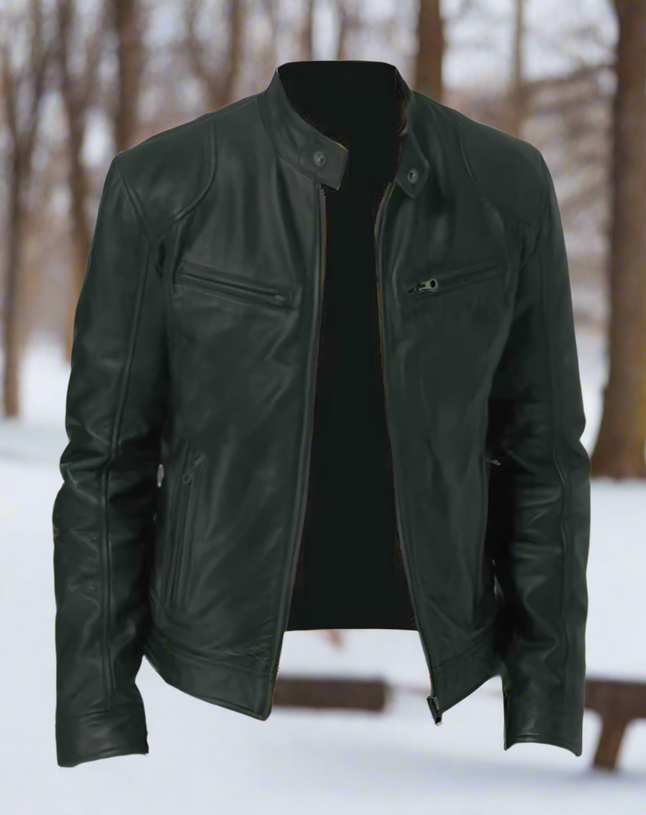 "Veste en cuir homme élégante, manteau noir intemporel avec col boutonné et poches zippées, style moderne"