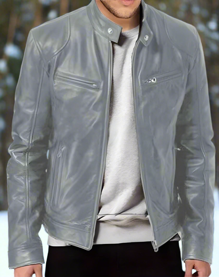 "Veste en cuir homme élégante, manteau noir intemporel avec col boutonné et poches zippées, style moderne"