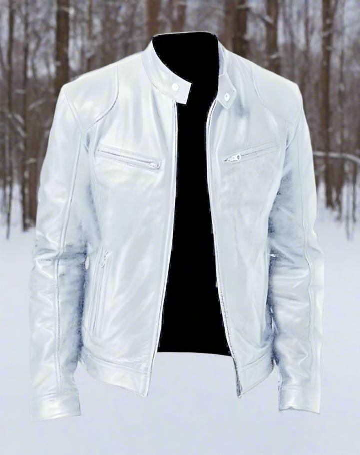 "Veste en cuir homme élégante, manteau noir intemporel avec col boutonné et poches zippées, style moderne"