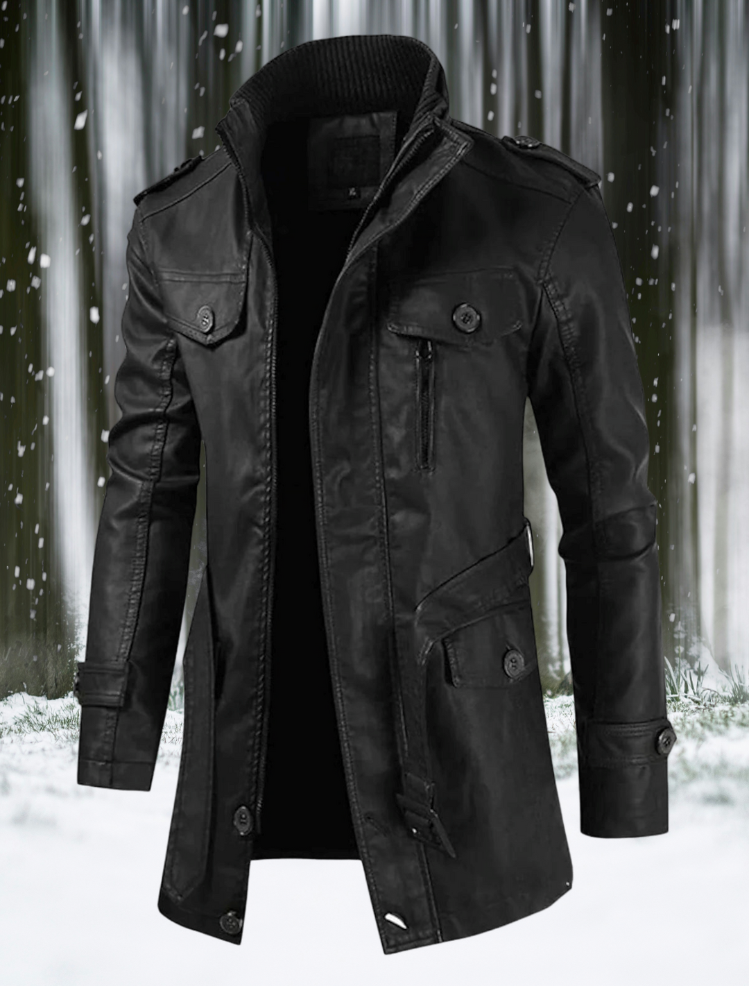 "Veste en cuir longue homme élégante, style distinctif, cuir véritable noir, coupe ajustée, parfait pour un look chic."