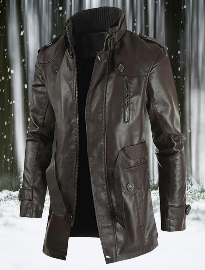 "Veste en cuir longue homme élégante, style distinctif, cuir véritable noir, coupe ajustée, parfait pour un look chic."