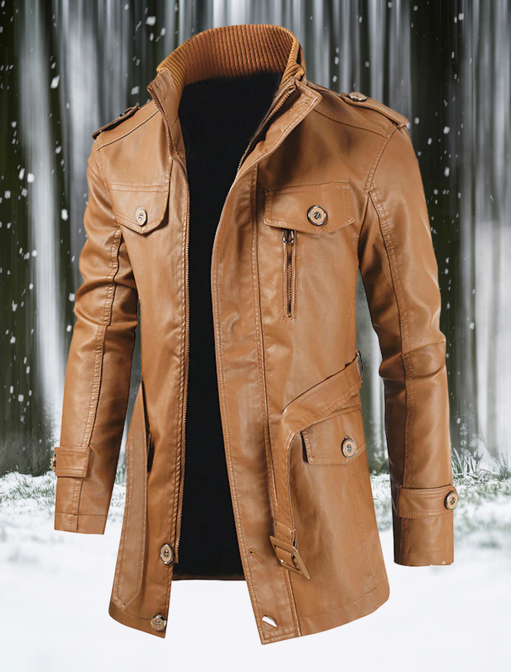 "Veste en cuir longue homme élégante, style distinctif, cuir véritable noir, coupe ajustée, parfait pour un look chic."