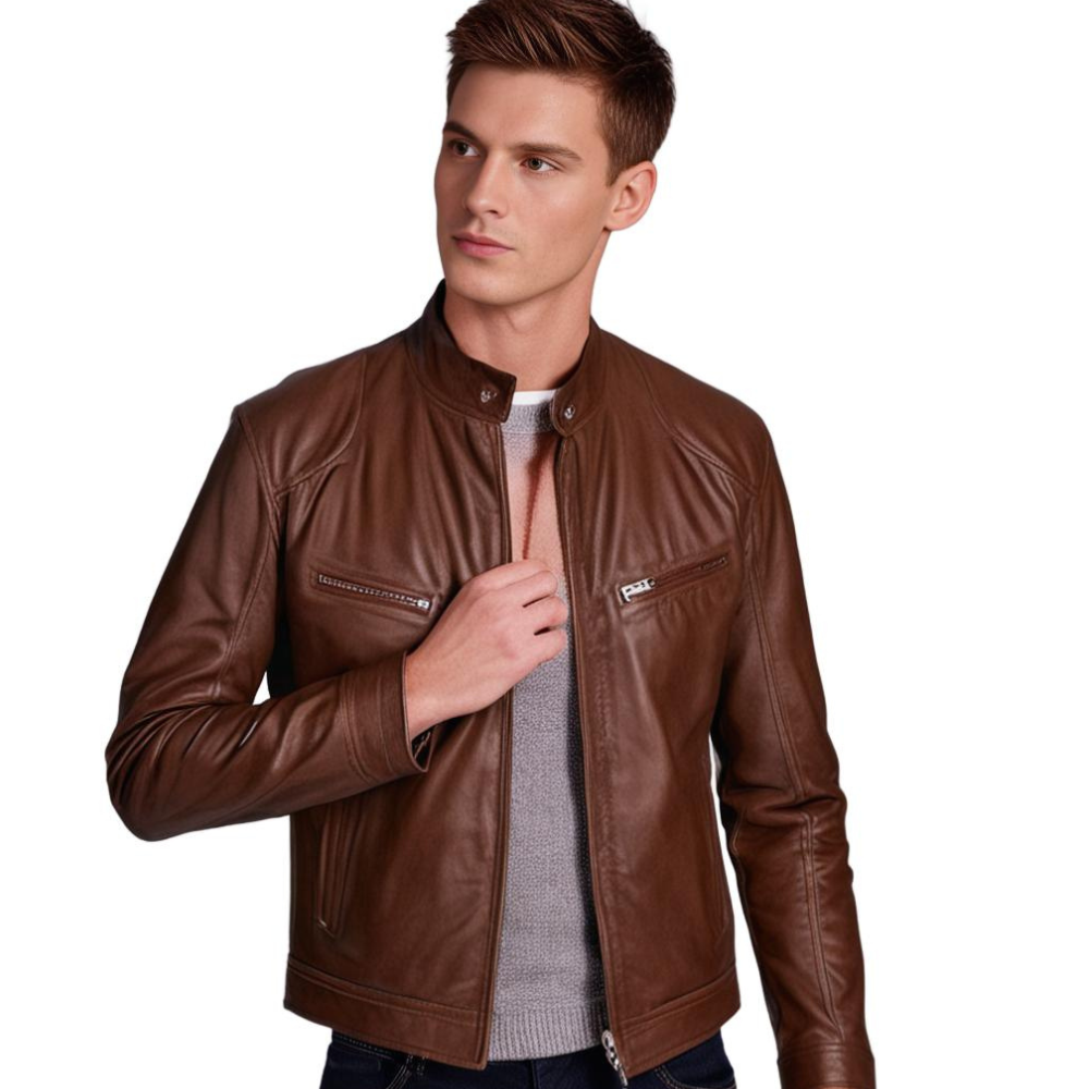 "Veste en cuir Mikel pour homme, style intemporel, coupe classique, disponible en noir et bleu marine."