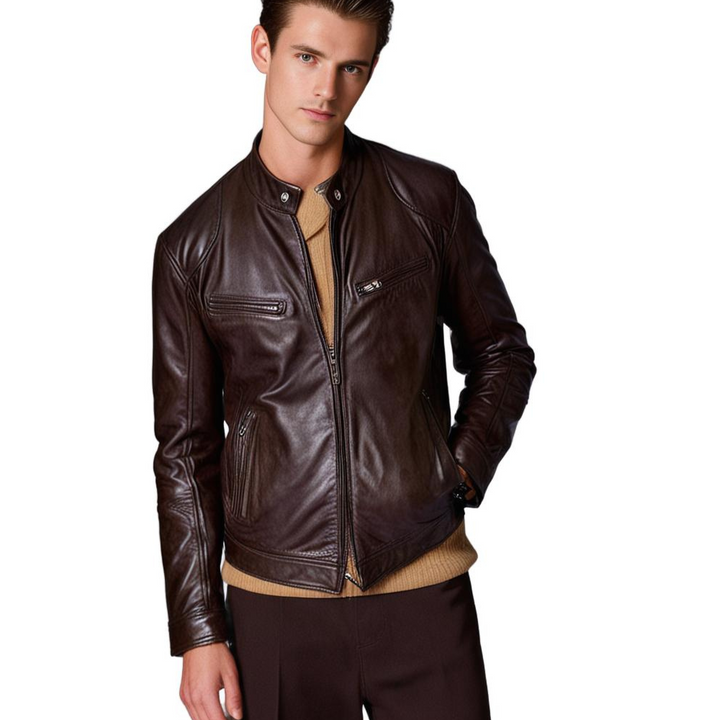 "Veste en cuir Mikel pour homme, style intemporel, coupe classique, disponible en noir et bleu marine."