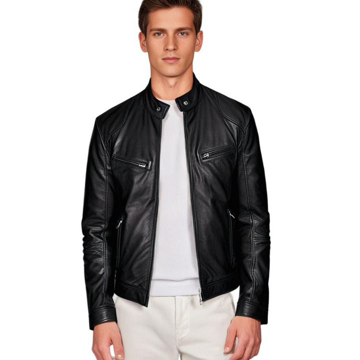 "Veste en cuir Mikel pour homme, style intemporel, coupe classique, disponible en noir et bleu marine."