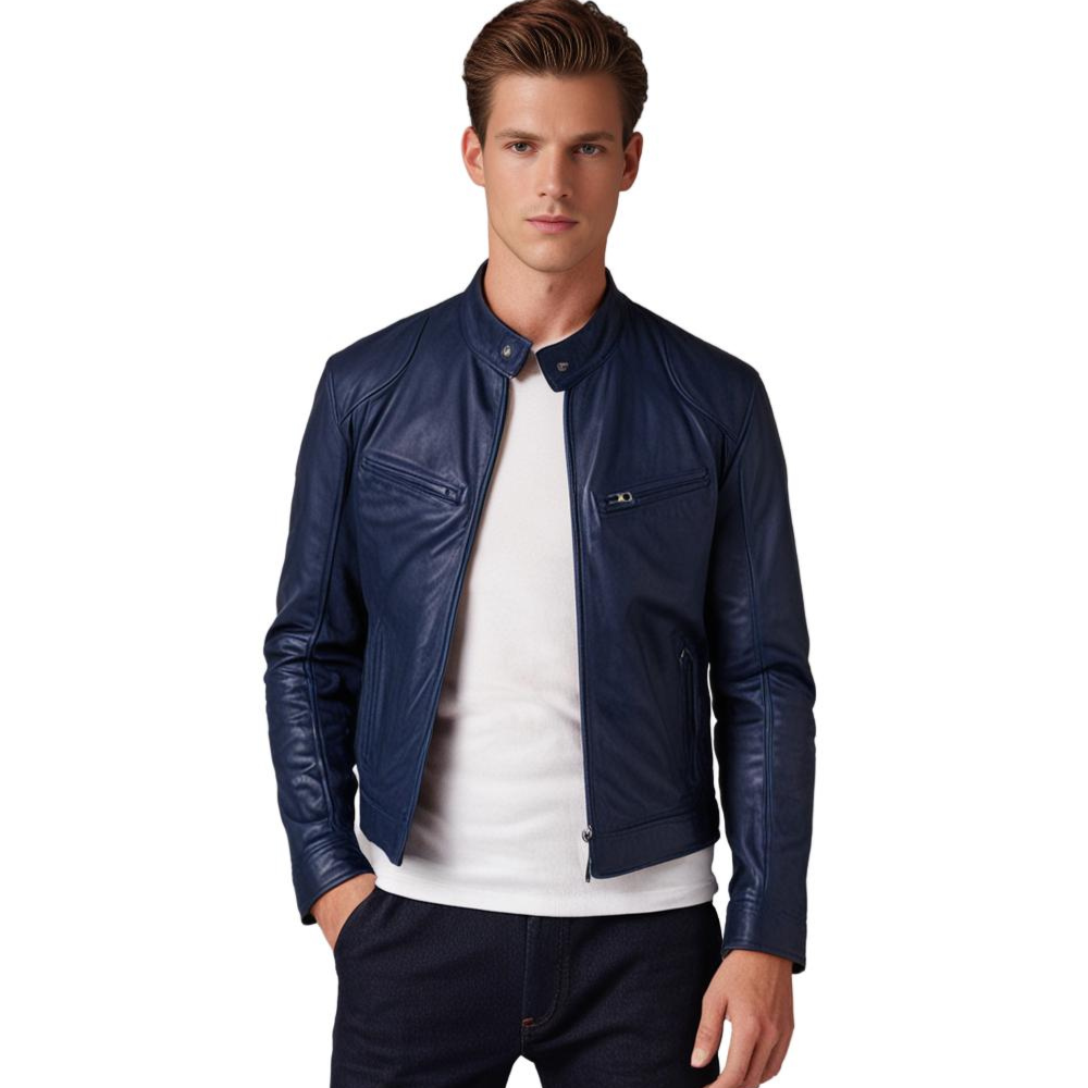 "Veste en cuir Mikel pour homme, style intemporel, coupe classique, disponible en noir et bleu marine."