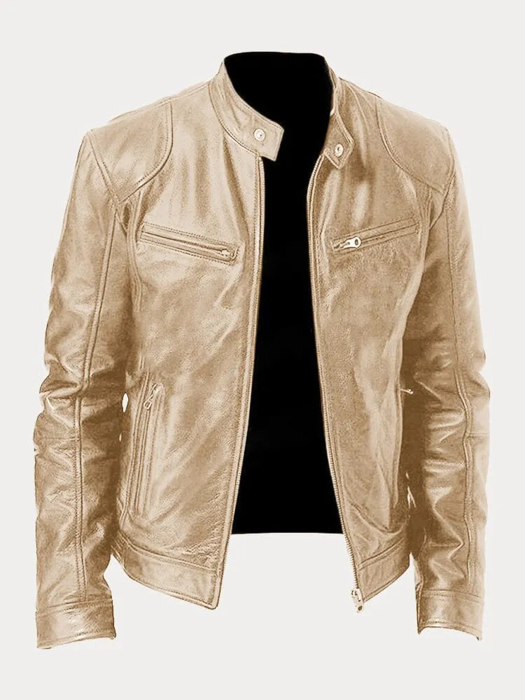 "Veste en cuir moto homme, ajustée avec poches zippées, design moderne, cuir premium noir, look élégant et pratique."
