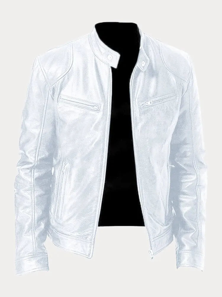 "Veste en cuir moto homme, ajustée avec poches zippées, design moderne, cuir premium noir, look élégant et pratique."