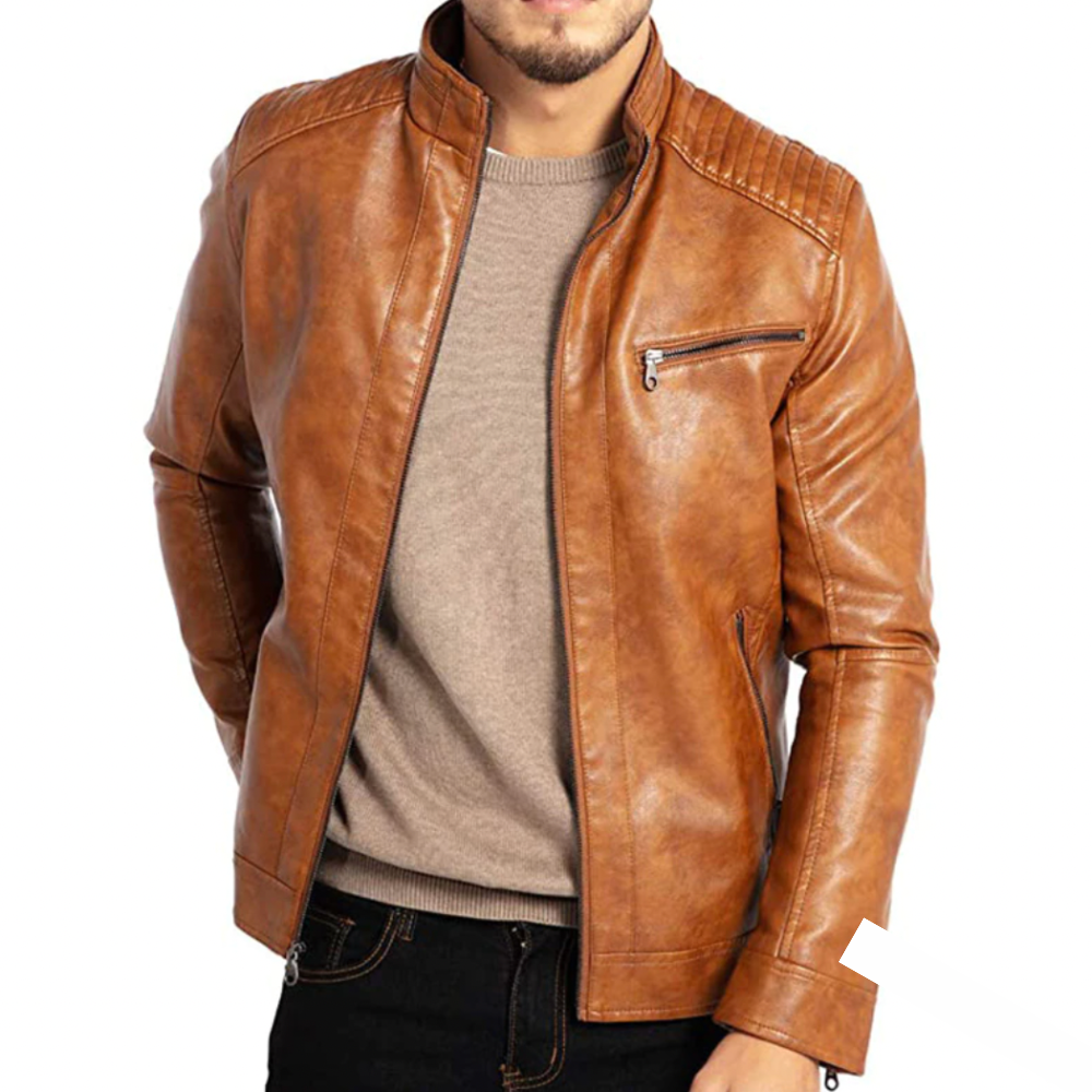 "Veste en cuir noir élégante pour hommes, style raffiné, protection contre le vent, adaptée à toutes occasions."