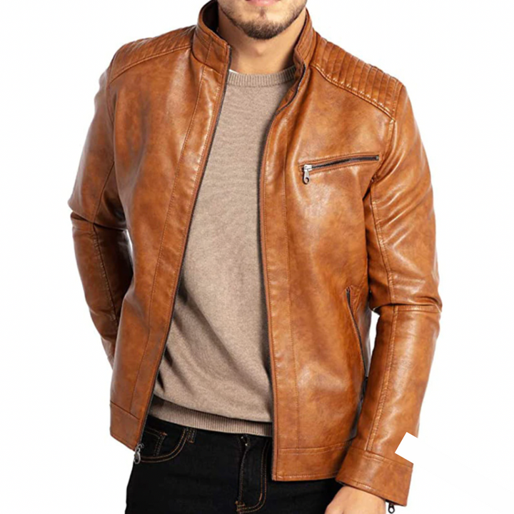 "Veste en cuir noir élégante pour hommes, style raffiné, protection contre le vent, adaptée à toutes occasions."