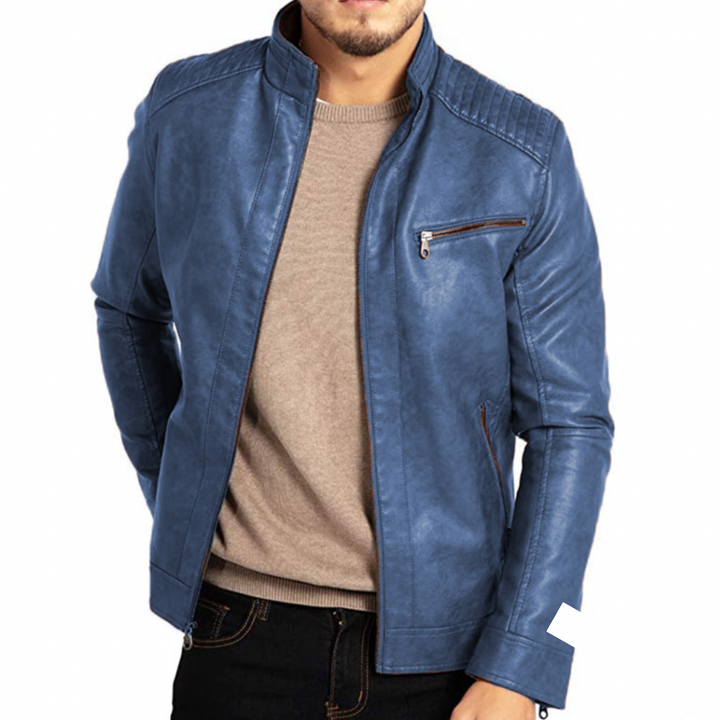 "Veste en cuir noir élégante pour hommes, style raffiné, protection contre le vent, adaptée à toutes occasions."