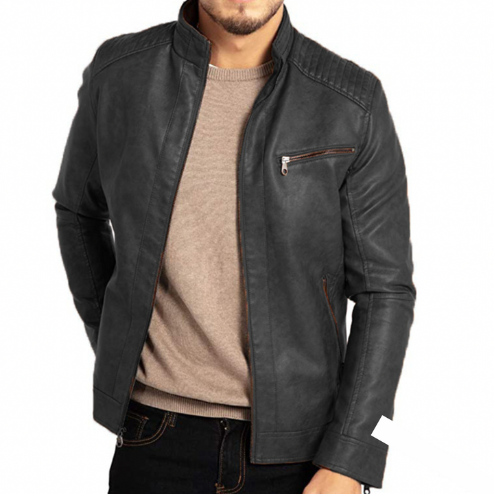 "Veste en cuir noir élégante pour hommes, style raffiné, protection contre le vent, adaptée à toutes occasions."