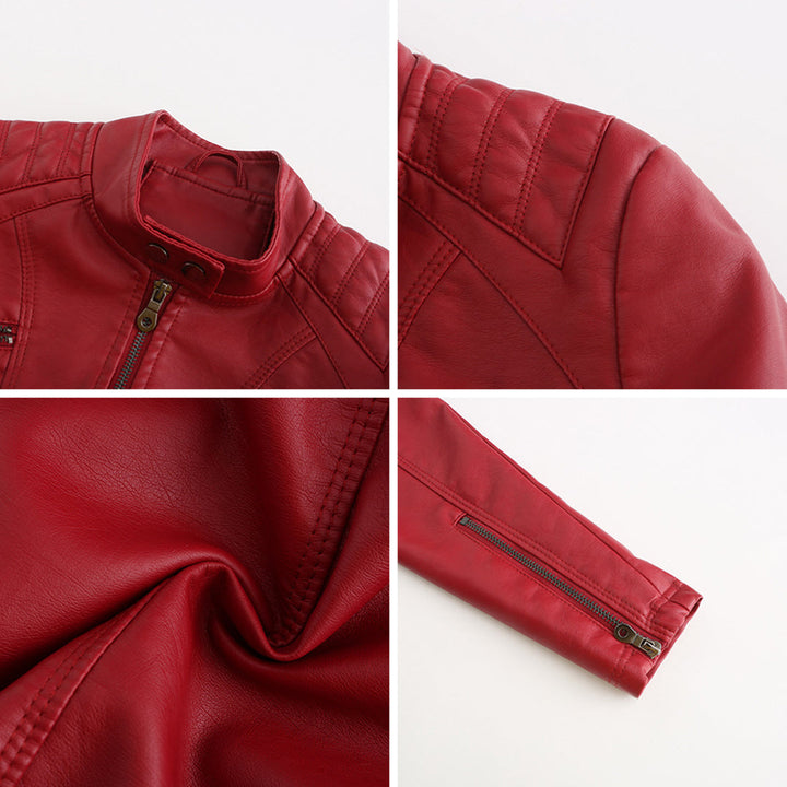 "Veste en cuir noir femme élégante avec fermeture asymétrique, col montant et poches zippées, style moderne et sophistiqué."