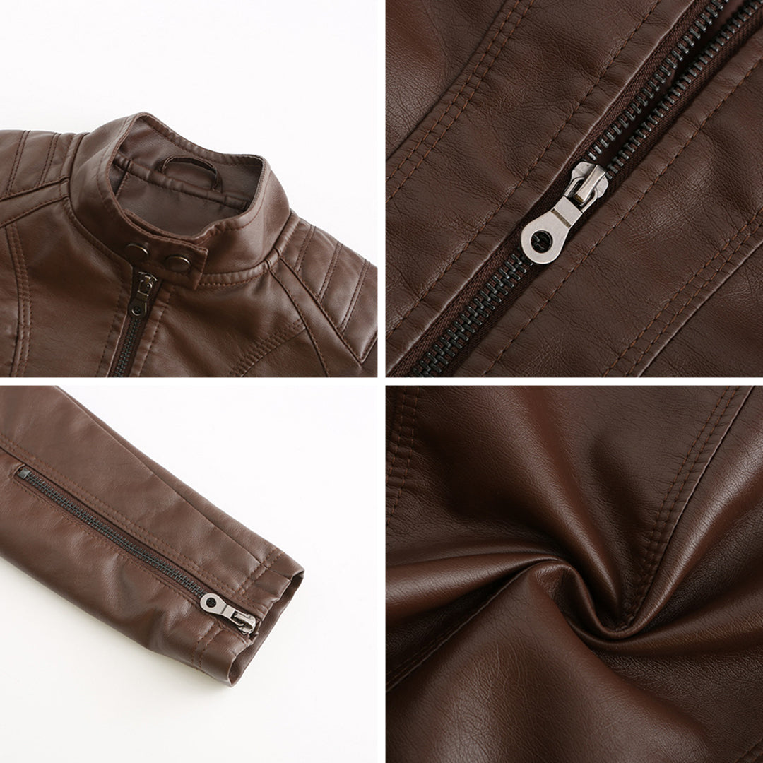 "Veste en cuir noir femme élégante avec fermeture asymétrique, col montant et poches zippées, style moderne et sophistiqué."