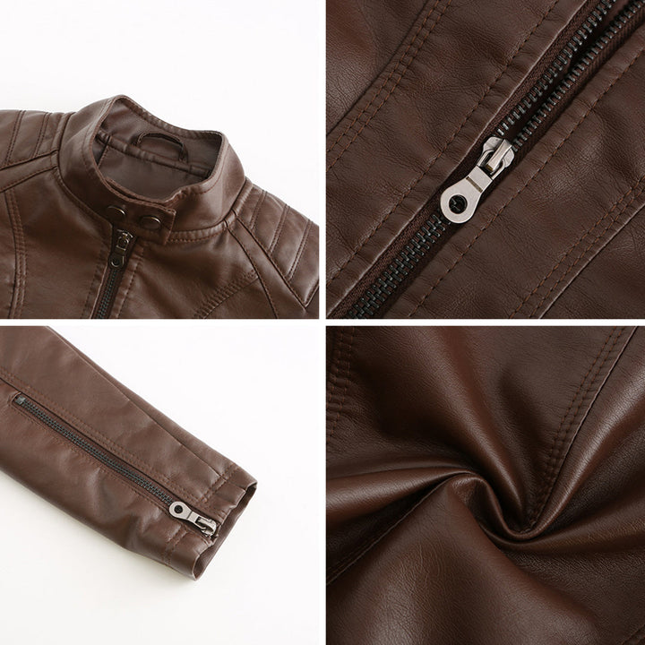 "Veste en cuir noir femme élégante avec fermeture asymétrique, col montant et poches zippées, style moderne et sophistiqué."