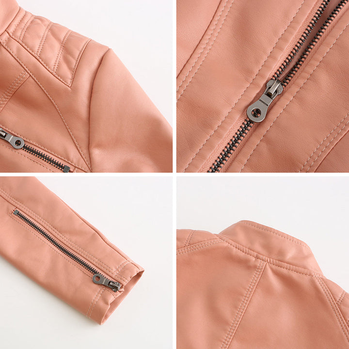 "Veste en cuir noir femme élégante avec fermeture asymétrique, col montant et poches zippées, style moderne et sophistiqué."