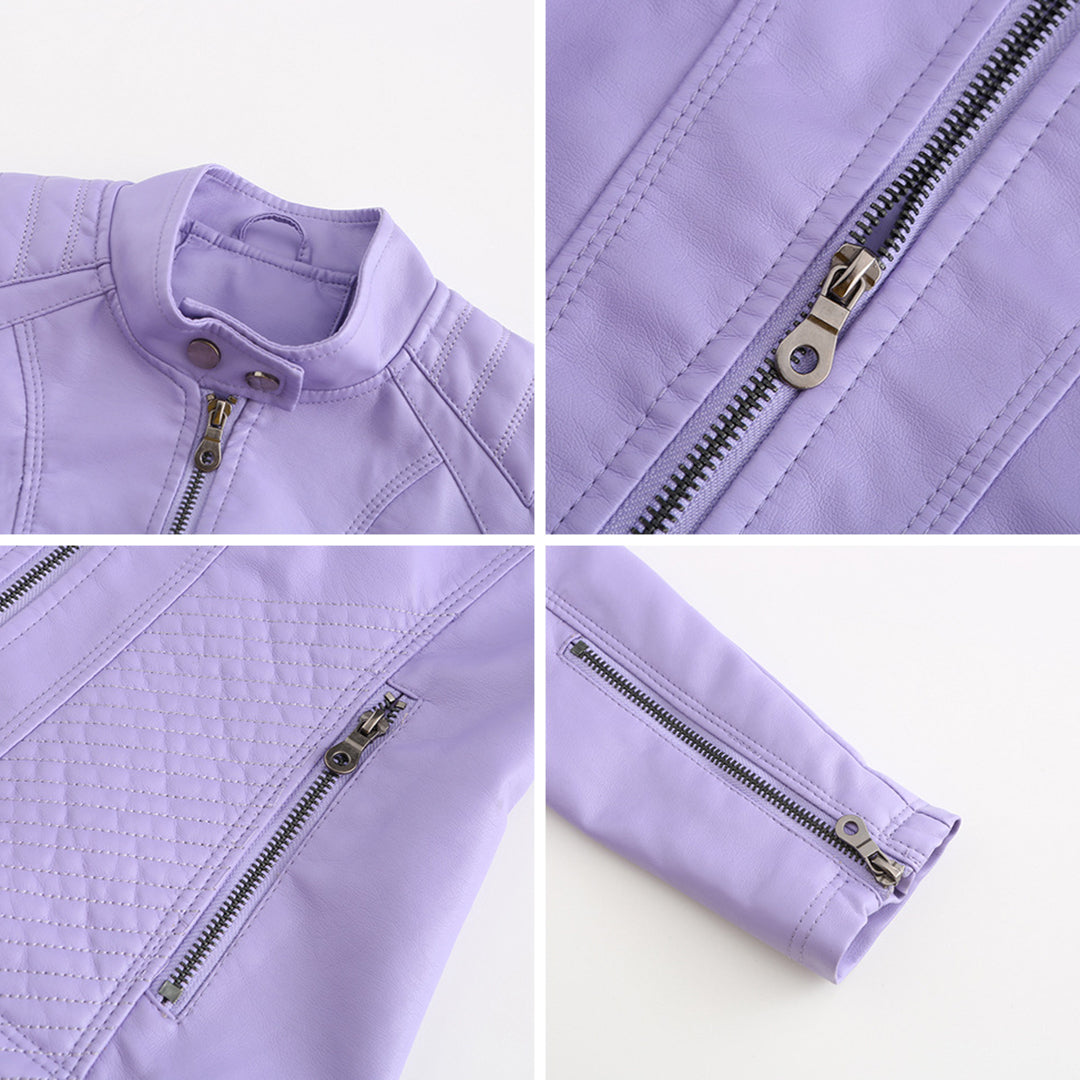 "Veste en cuir noir femme élégante avec fermeture asymétrique, col montant et poches zippées, style moderne et sophistiqué."