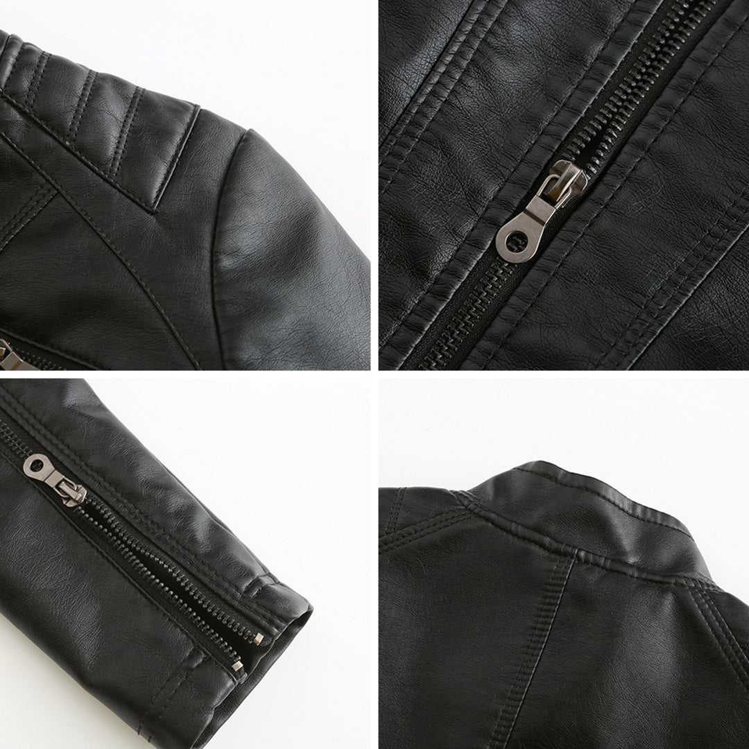 "Veste en cuir noir femme élégante avec fermeture asymétrique, col montant et poches zippées, style moderne et sophistiqué."