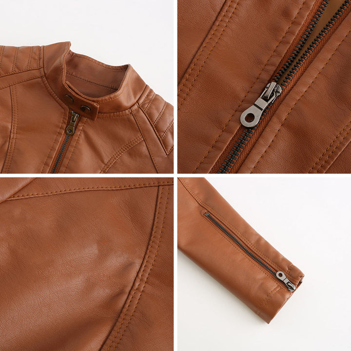 "Veste en cuir noir femme élégante avec fermeture asymétrique, col montant et poches zippées, style moderne et sophistiqué."