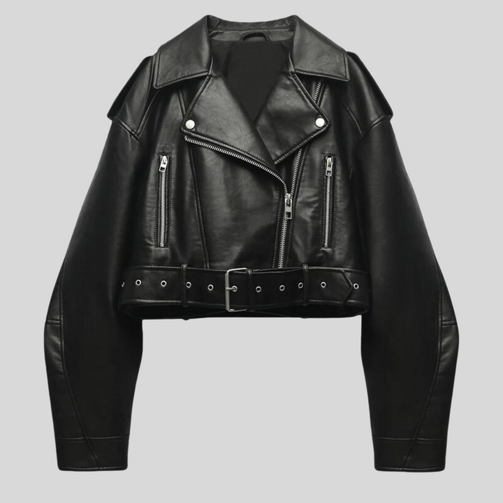 "Veste en cuir noir pour femmes, design lisse et ajusté, élégance intemporelle et moderne pour chaque garde-robe."