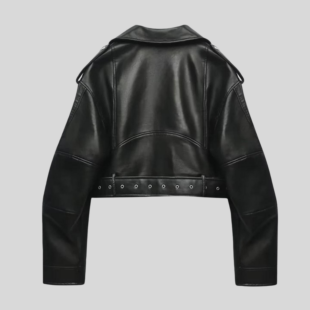 "Veste en cuir noir pour femmes, design lisse et ajusté, élégance intemporelle et moderne pour chaque garde-robe."