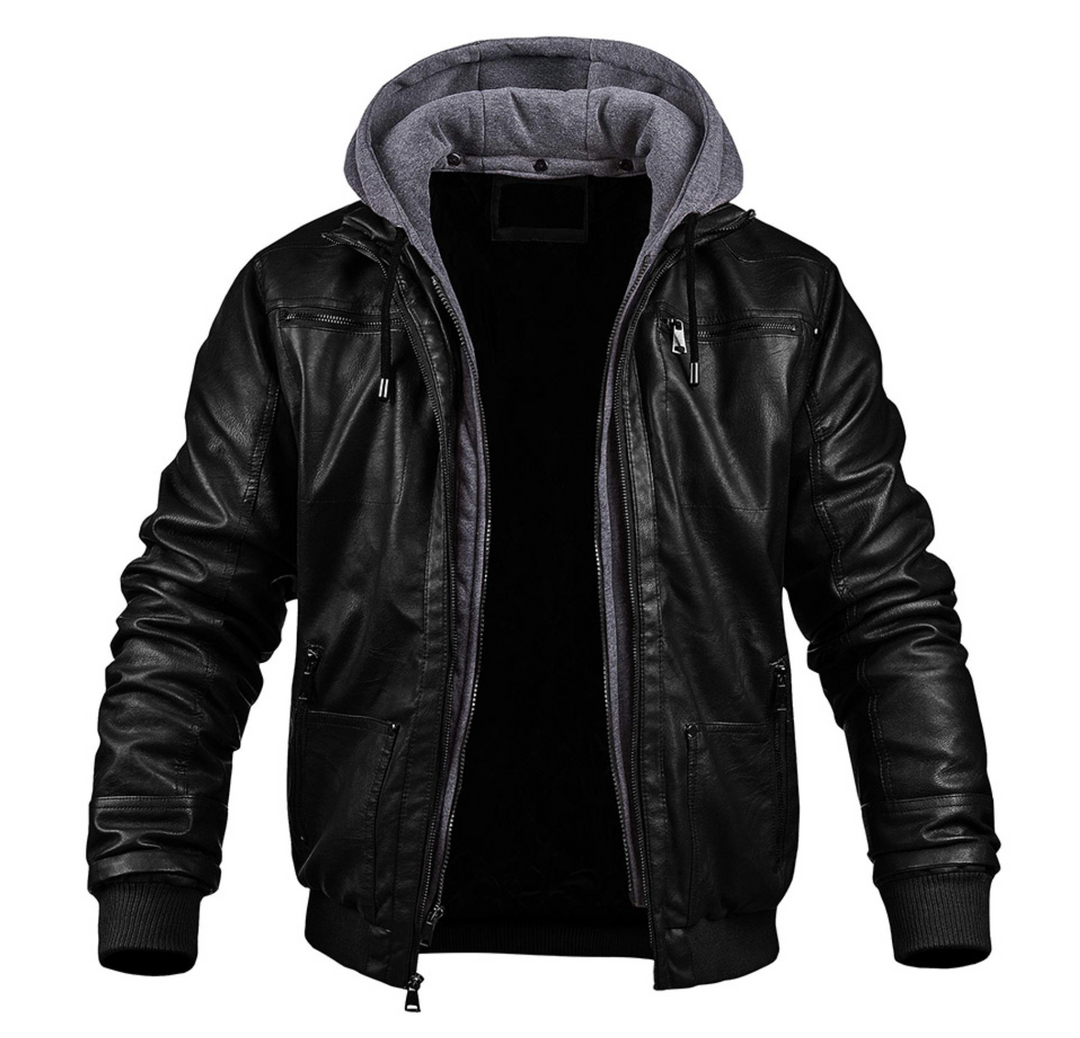 "Veste en cuir noir pour homme avec capuche, doublée, élégante et chaude, parfaite pour l'hiver et intemporellement stylée."