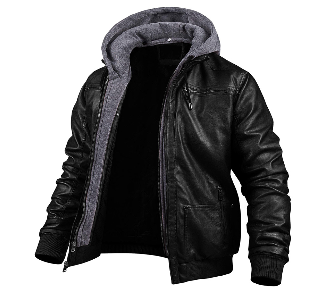 "Veste en cuir noir pour homme avec capuche, doublée, élégante et chaude, parfaite pour l'hiver et intemporellement stylée."