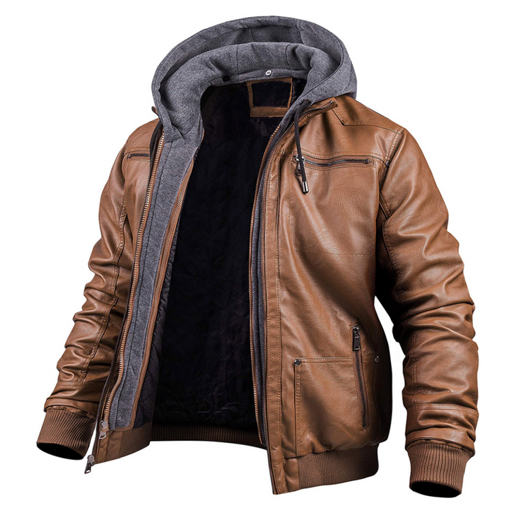 "Veste en cuir noir pour homme avec capuche, doublée, élégante et chaude, parfaite pour l'hiver et intemporellement stylée."
