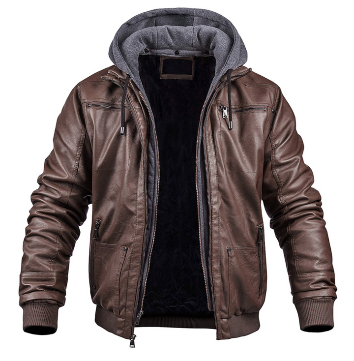 "Veste en cuir noir pour homme avec capuche, doublée, élégante et chaude, parfaite pour l'hiver et intemporellement stylée."