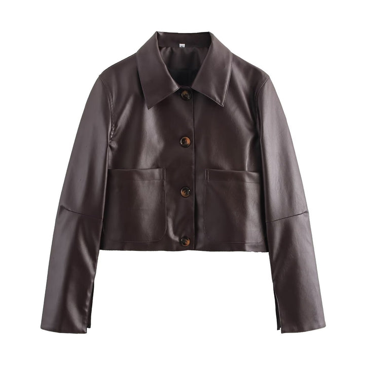 Veste en cuir rouge et marron, design épuré, boutons recouverts, finition brillante, idéale pour soirées ou virées décontract