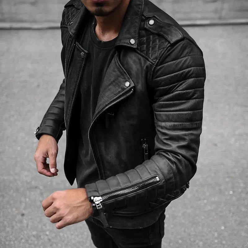 "Veste en cuir synthétique noir pour hommes, design moderne, doublure douce, coupe ajustée, idéale style urbain chic."