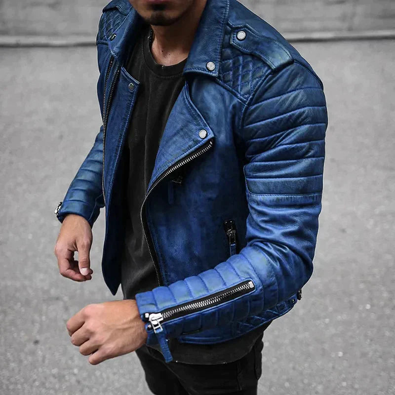 "Veste en cuir synthétique noir pour hommes, design moderne, doublure douce, coupe ajustée, idéale style urbain chic."