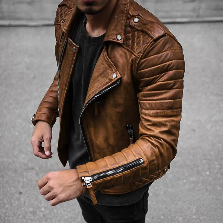 "Veste en cuir synthétique noir pour hommes, design moderne, doublure douce, coupe ajustée, idéale style urbain chic."