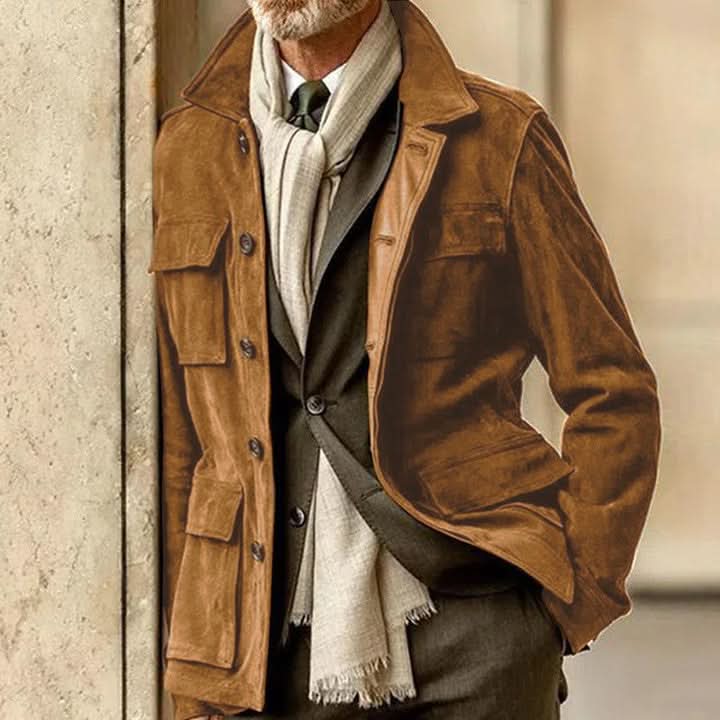 "Veste en daim homme élégante, couleur brun, avec poches et coupe moderne pour un style raffiné et confortable"