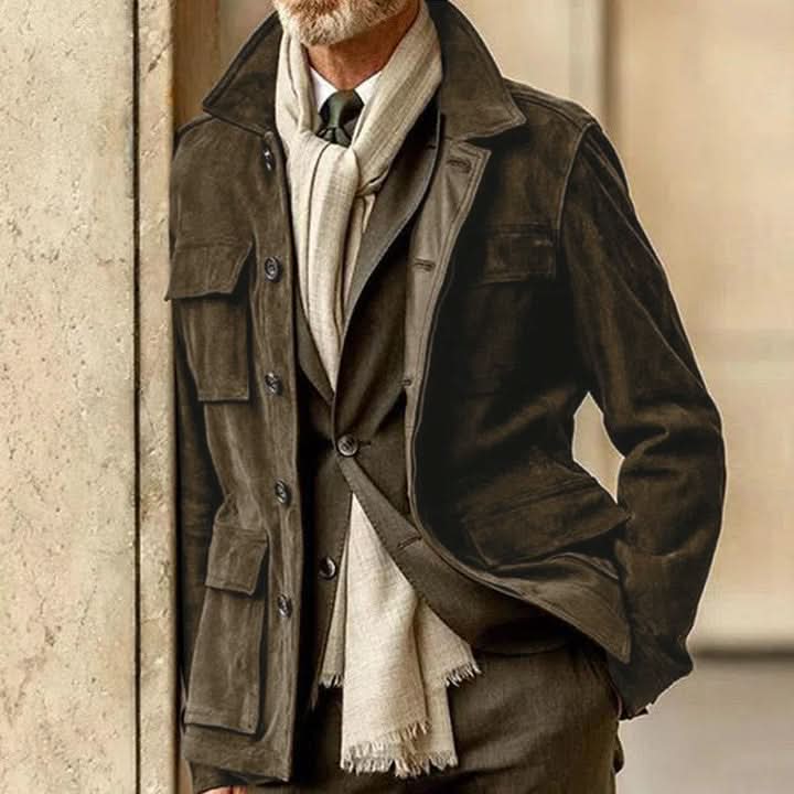 "Veste en daim homme élégante, couleur brun, avec poches et coupe moderne pour un style raffiné et confortable"