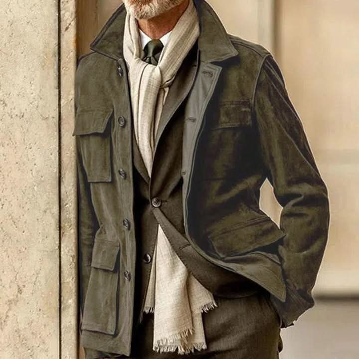 "Veste en daim homme élégante, couleur brun, avec poches et coupe moderne pour un style raffiné et confortable"
