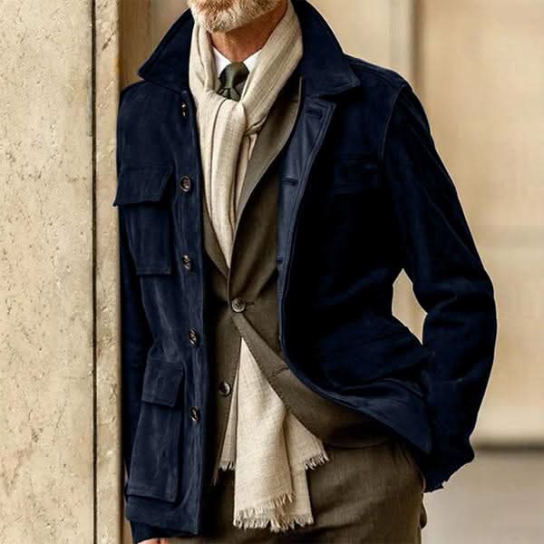 "Veste en daim homme élégante, couleur brun, avec poches et coupe moderne pour un style raffiné et confortable"