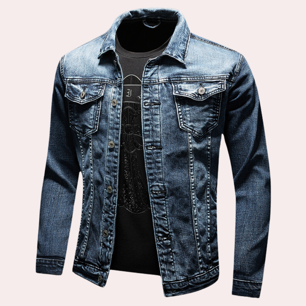 Veste en denim bleu pour homme, coutures solides, style tendance, confort optimal pour look élégant et moderne.