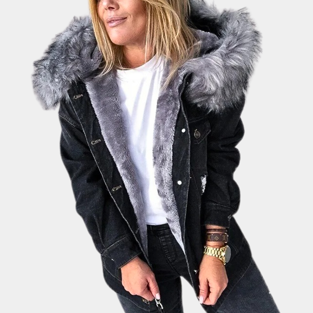 "Veste en denim de luxe noir pour femme avec coupe ample, élégante et polyvalente, idéale toutes saisons intermédiaires"